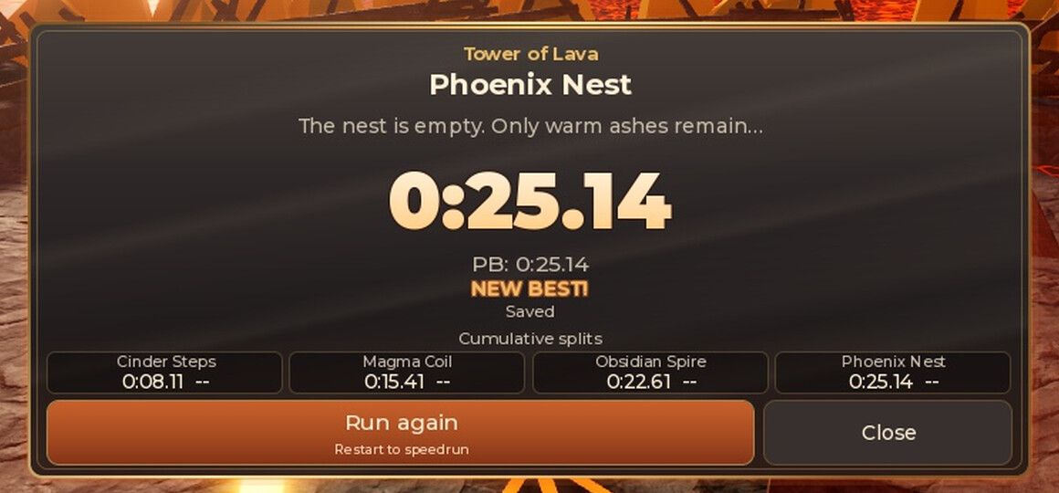 The finish card at the Phoenix Nest showing the run time and a new personal best