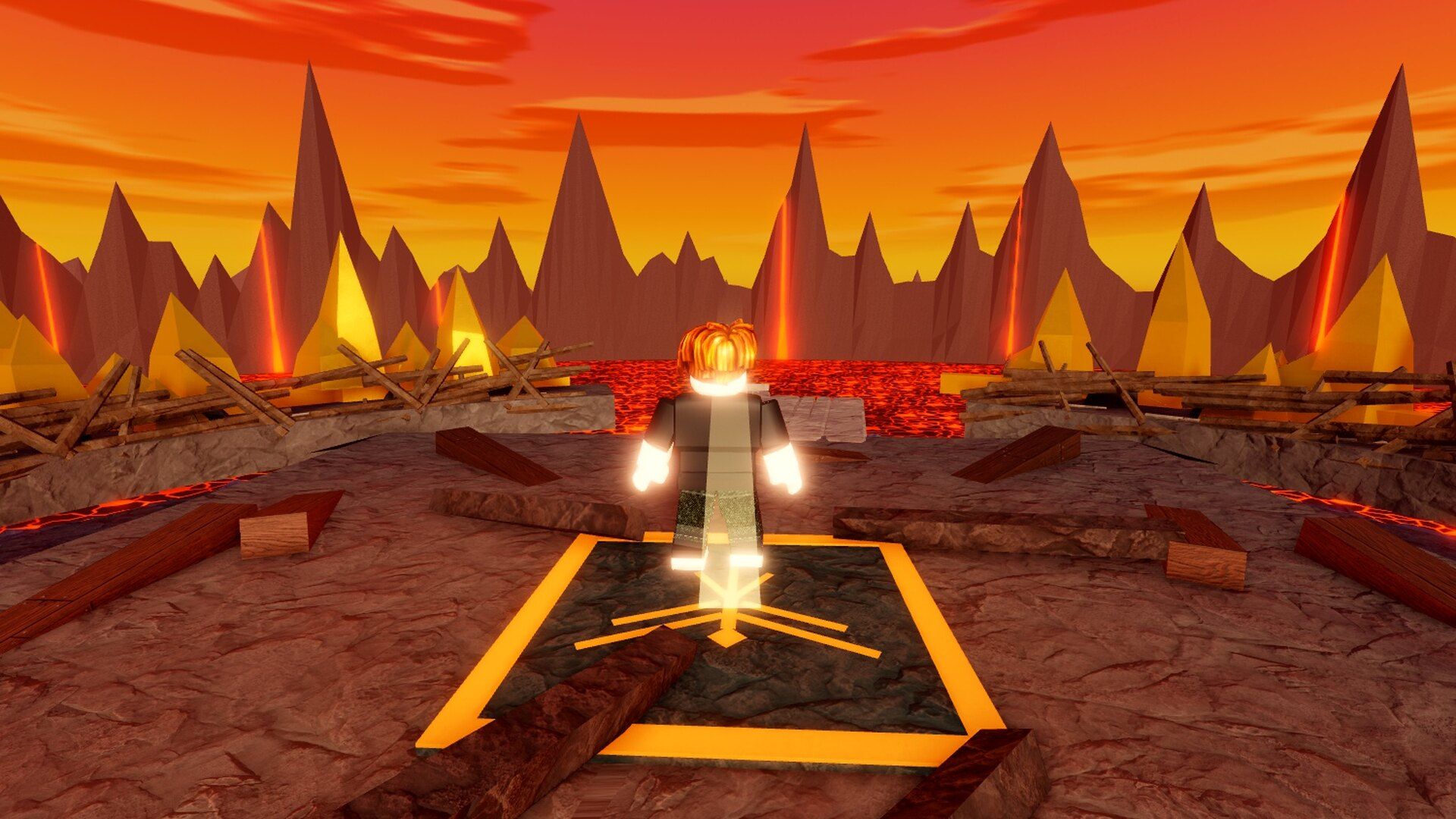 A player stands on the glowing finish pad at the Phoenix Nest, ringed by golden spikes