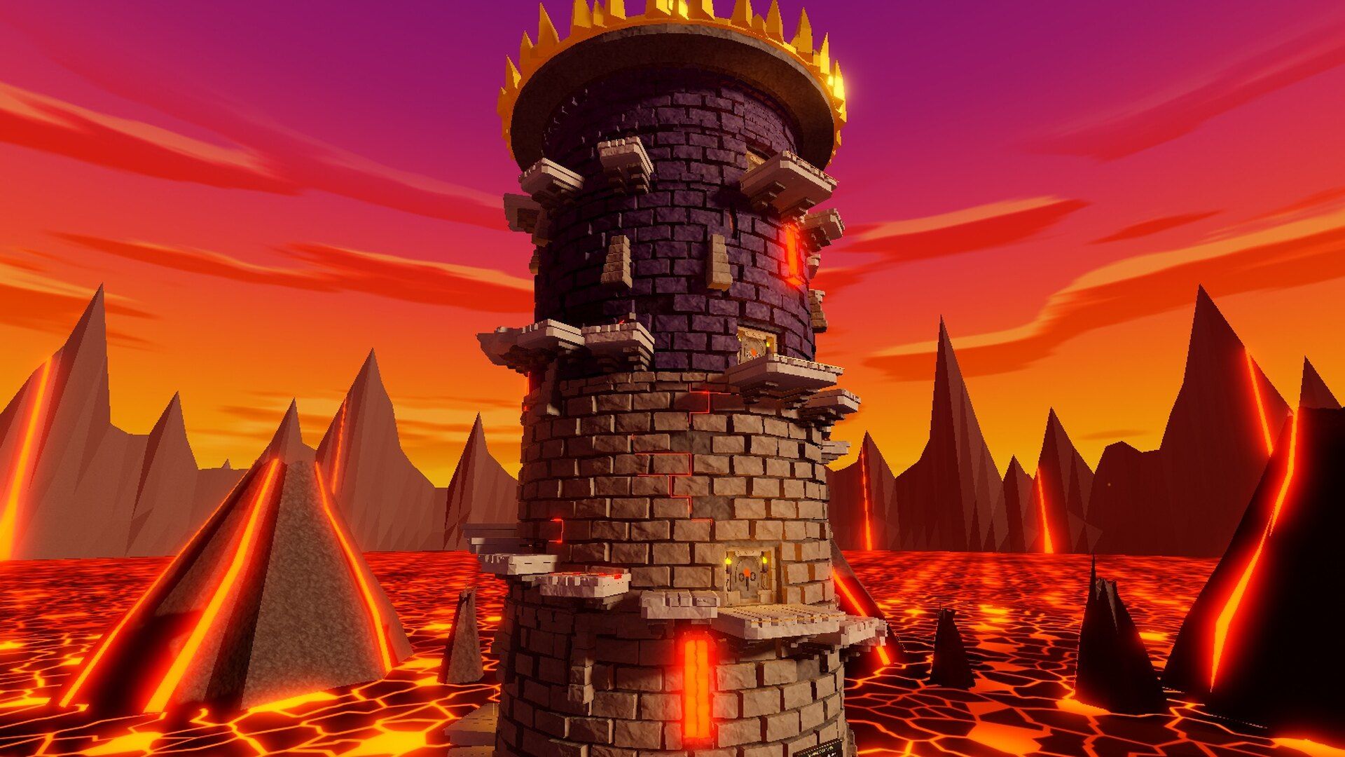 Tower of Lava: a stone tower with a golden crown rises from a sea of lava, ringed by mountains